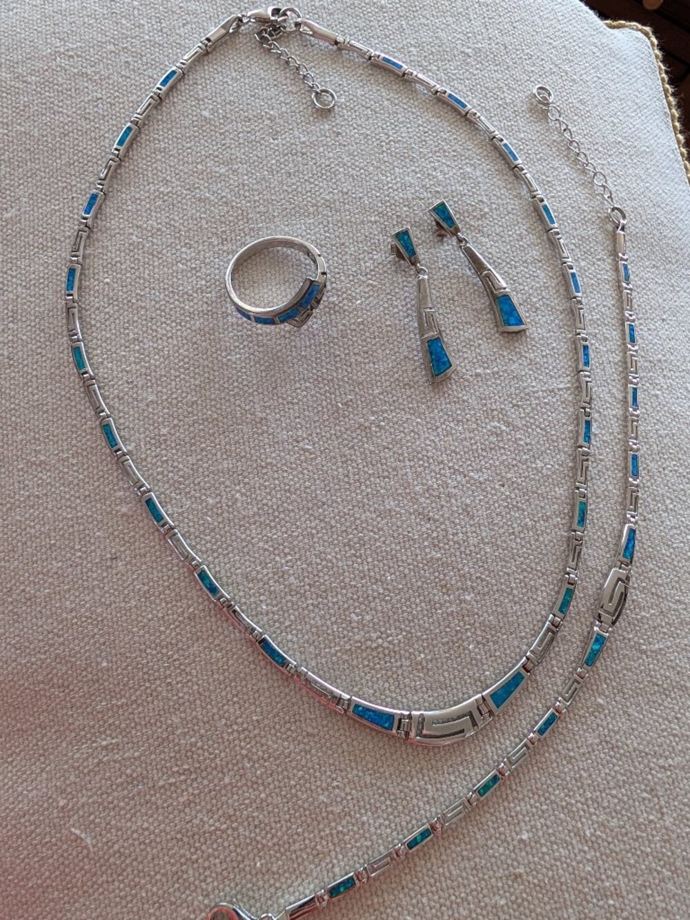 Greek Key 925 Silver Necklace, Bracelet, Ring & Earrings with turquoise accents